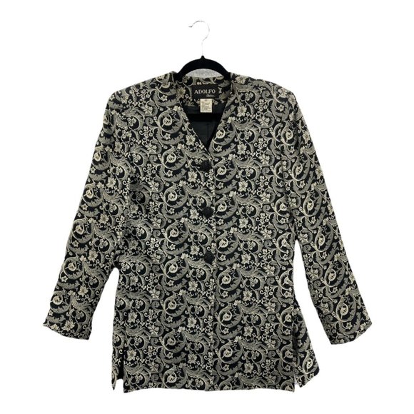 Adolfo Atelier Womens Blazer Black Floral Embroidered Lined Side Slit V Neck 10 - Picture 1 of 8